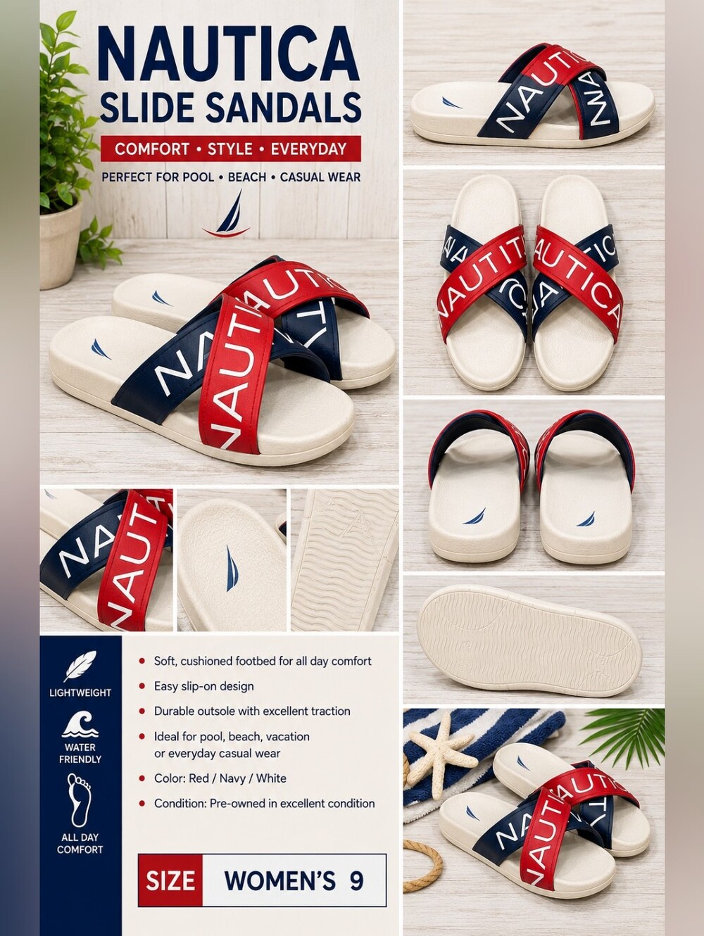 Nautica Red Blue Logo Slide Sandals Size 9 EUC